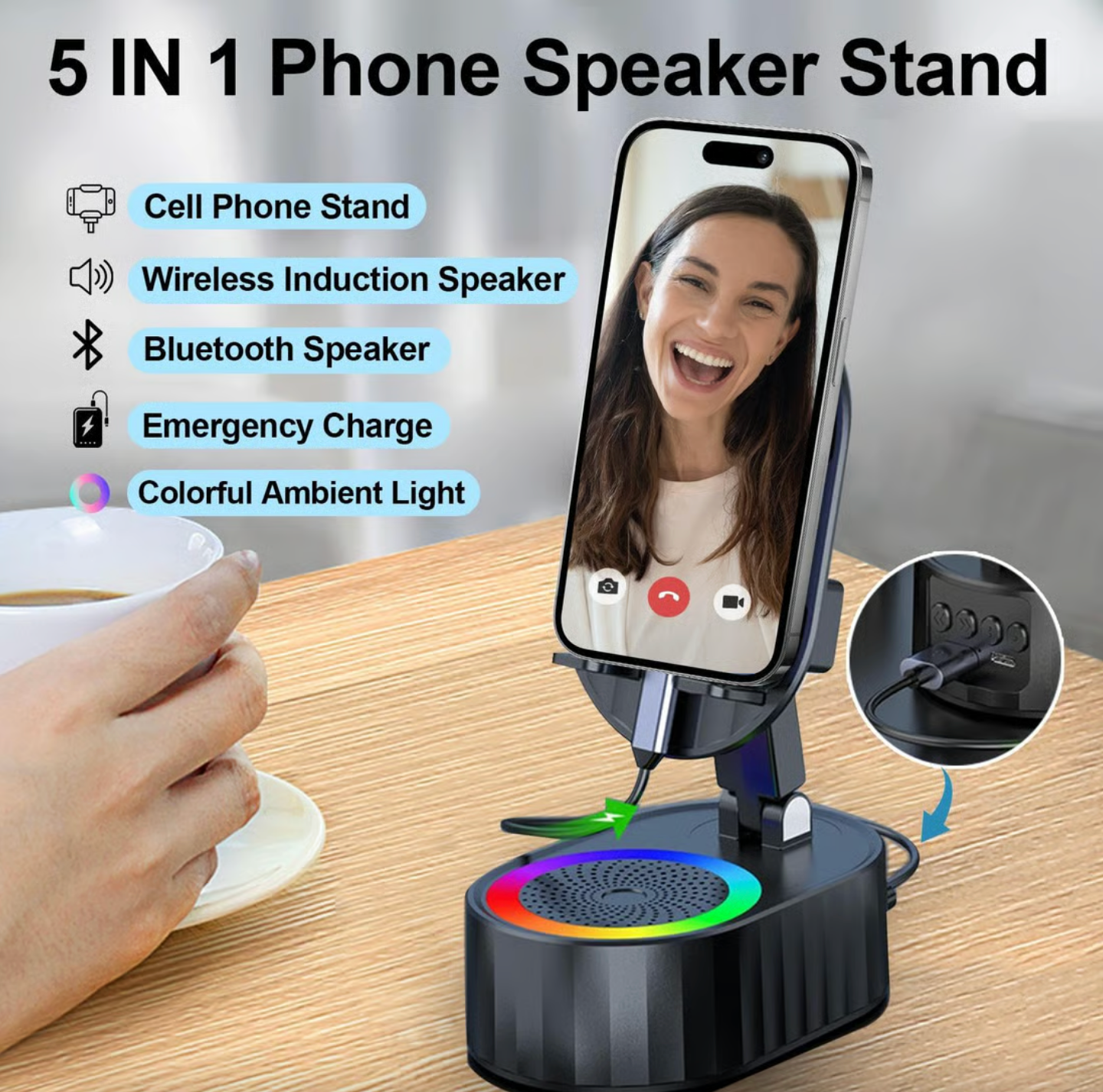 Wireless Induction Audio Bluetooth Speaker 5 in 1 Phone Holder